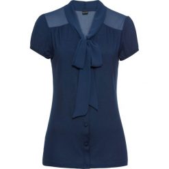 Bluzka shirtowa bonprix ciemnoniebieski. Niebieskie koszulki damskie bonprix, na imprezę, bez wzorów, z szyfonu, eleganckie, bez kołnierzyka, bez rękawów. Za 79,99 zł.