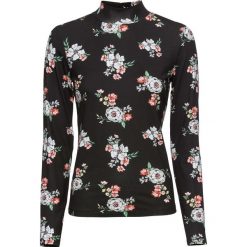Shirt z dżerseju ze stójką bonprix czarny w kwiaty. Czarne koszulki damskie bonprix, z nadrukiem, z dżerseju, ze stójką, z długim rękawem. Za 54,99 zł.