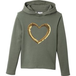 Bluza dziewczęca z kapturem i cekinami bonprix zieleń mchu. Fioletowe bluzy dziewczęce bonprix, z aplikacjami, z bawełny, z długim rękawem, długie, z kapturem. Za 59,99 zł.
