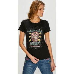 Desigual - Top. Czarne bluzki damskie Desigual, s, z nadrukiem, z bawełny, z okrągłym kołnierzem. W wyprzedaży za 99,90 zł.