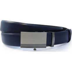 Granatowy męski pasek - automatyczna klamra KMG33. Niebieskie paski męskie KMG - Galanteria Skórzana, w paski, z jeansu, eleganckie. W wyprzedaży za 67,50 zł.