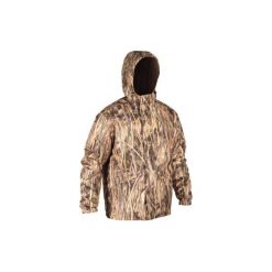 Kurtka myśliwska 500 camo ciepła i wiatroodporna. Zielone kurtki sportowe męskie SOLOGNAC, xl, bez wzorów, z poliesteru, bez kaptura. Za 199,99 zł.