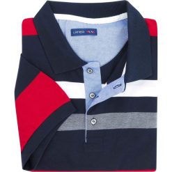 Granatowa męska koszulka polo w czerwono-białe paski KP17. Czerwone koszulki męskie Lanieri Fashion - swetry męskie, m, w paski, z bawełny, casualowe, z krótkim rękawem. W wyprzedaży za 134,10 zł.