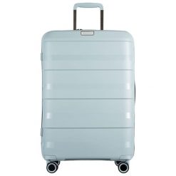 Walizka "Montreal" w kolorze błękitnym - 65 l. Niebieskie walizki Puccini, bez wzorów, z materiału. W wyprzedaży za 299,95 zł.