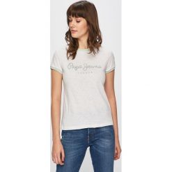 Pepe Jeans - Top Alex. Białe topy damskie Pepe Jeans, s, z nadrukiem, z bawełny, z okrągłym kołnierzem. W wyprzedaży za 99,90 zł.