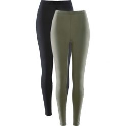 Legginsy ze stretchem (2 pary w opak.) bonprix oliwkowy + czarny. Zielone spodnie damskie bonprix, bez wzorów, z gumy. Za 69,98 zł.