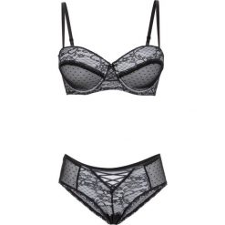 Biustonosz bardotka + figi hipster (2 części) bonprix czarno-biały. Czarne figi damskie bonprix, w koronkowe wzory, z koronki. Za 74,99 zł.
