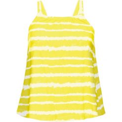 Top shirtowy w batikowy wzór bonprix jasna limonka + biały z nadrukiem. Żółte bluzki damskie bonprix, z nadrukiem, bez kołnierzyka, bez rękawów. Za 21,99 zł.