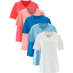 Długi shirt z dekoltem w szpic (5 sztuk), krótki rękaw bonprix jasny koralowy + koralowy + jasnoniebieski + lazurowy + biały. Pomarańczowe koszulki damskie marki bonprix, bez wzorów, bez kołnierzyka, z długim rękawem. Za 124,95 zł.