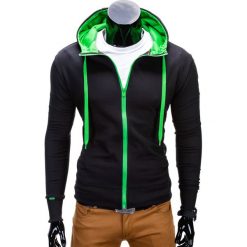 BLUZA MĘSKA ROZPINANA Z KAPTUREM B485 - CZARNA/ZIELONA. Czarne bluzy męskie rozpinane marki Ombre Clothing, m, z bawełny, z kapturem. Za 39,00 zł.