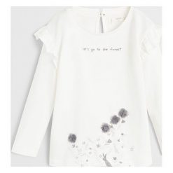 Mango Kids - Longsleeve dziecięcy Elenav 80-104 cm. Białe bluzki dziewczęce Mango Kids, z nadrukiem, z bawełny, z okrągłym kołnierzem, z krótkim rękawem, krótkie, bez kaptura. Za 35,90 zł.