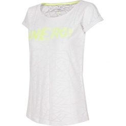 T-shirt damski TSD019 - biały. Białe t-shirty damskie marki 4f, z nadrukiem, z bawełny, bez kołnierzyka. W wyprzedaży za 34,99 zł.