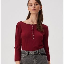 Bawełniana bluzka z guzikami - Bordowy. Czerwone bluzki damskie Sinsay, s, bez wzorów, z bawełny, bez kołnierzyka, bez rękawów. Za 24,99 zł.