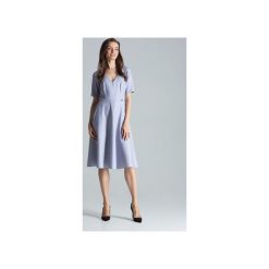 Sukienka M673zary. Szare sukienki damskie FIGL, xl, bez wzorów, z dekoltem w serek, z krótkim rękawem, krótkie, midi, rozkloszowane. Za 189,00 zł.