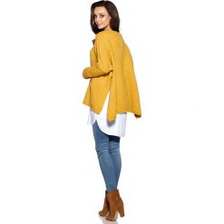 Modny sweter ponczo musztardowy MOLLY. Poncza damskie Lemoniade, na zimę, uniwersalny, bez wzorów, ze splotem, bez rękawów, bez kaptura. Za 149,90 zł.