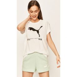 Puma - Szorty. Zielone spodenki sportowe damskie Puma, s, z aplikacjami, z bawełny, sportowe. W wyprzedaży za 99,90 zł.