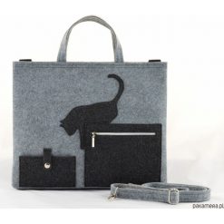 Shopper bag damskie: Duża Szara Torebka – Laptopówka z Kotem