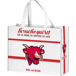 Torba "Vache qui rit" w kolorze biało-czerwonym na zakupy - 46 x 40 x 19 cm. Białe torebki klasyczne damskie Éditions Clouet, z nadrukiem, z tworzywa sztucznego, z nadrukiem. W wyprzedaży za 26,95 zł.