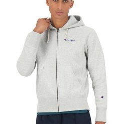 CHAMPION ZIP-UP SCRIPT LOGO REVERSE WEAVE HOODIE > 213604-EM004. Bluzy męskie Champion, xl, z aplikacjami, z bawełny, klasyczne, z kapturem, bez rękawów, długie, bez kaptura. Za 439,99 zł.