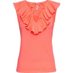 Shirt bonprix koralowy neonowy. Różowe koszulki damskie bonprix, bez wzorów, bez kołnierzyka, bez rękawów. Za 27,99 zł.
