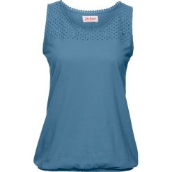 Top z ażurową koronką bonprix niebieski dżins. Niebieskie bluzki damskie marki bonprix, w koronkowe wzory, z koronki, bez kołnierzyka, bez rękawów. Za 44,99 zł.
