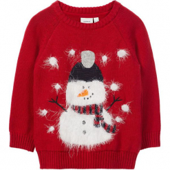 Sweter "Ral" w kolorze czerwonym. Czerwone swetry chłopięce marki Name it Mini & Kids, z aplikacjami, z bawełny, z okrągłym kołnierzem. W wyprzedaży za 42,95 zł.