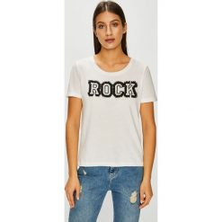 Only - Top. Białe bluzki z odkrytymi ramionami marki ONLY, s, z nadrukiem, z bawełny, z okrągłym kołnierzem. W wyprzedaży za 34,90 zł.