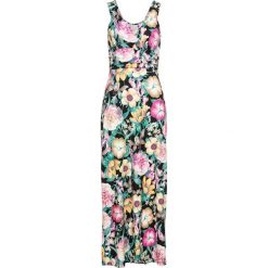 Sukienka letnia w kwiaty bonprix czarno-jasnoróżowo-lila w kwiaty. Czarne sukienki damskie bonprix, na lato, w kwiaty, eleganckie, bez kołnierzyka, bez rękawów. Za 149,99 zł.