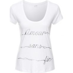Shirt z hasłem bonprix biały z nadrukiem. Białe koszulki damskie marki bonprix, z nadrukiem, z okrągłym kołnierzem, bez rękawów. Za 34,99 zł.