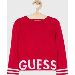 Guess Jeans - Sweter dziecięcy 118-175 cm. Białe swetry dziewczęce z aplikacjami, z bawełny, z okrągłym kołnierzem. W wyprzedaży za 119,90 zł.