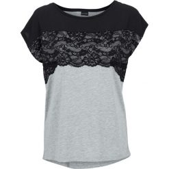 Shirt z koronką bonprix czarno-jasnoszary melanż. Czarne koszulki damskie bonprix, w koronkowe wzory, z koronki, bez kołnierzyka. Za 59,99 zł.