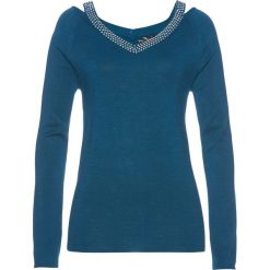 Sweter ze sztrasami bonprix niebieskozielony morski. Zielone swetry klasyczne damskie bonprix. Za 119,99 zł.