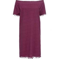 Sukienka shirtowa, krótki rękaw bonprix jeżynowy. Fioletowe sukienki damskie bonprix, bez wzorów, bez kołnierzyka, z krótkim rękawem, krótkie, mini. Za 54,99 zł.