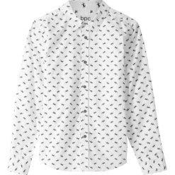 Koszula z długim rękawem Slim Fit bonprix biały z nadrukiem. Białe koszule chłopięce marki bonprix, z nadrukiem, klasyczne, z klasycznym kołnierzykiem, z długim rękawem, długie. Za 59,99 zł.