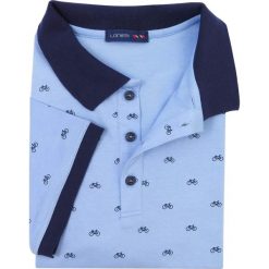 Męska koszulka polo - błękitna w granatowe rowery KP13. Niebieskie koszulki męskie Lanieri Fashion - swetry męskie, m, bez wzorów, z bawełny, casualowe, z krótkim rękawem. W wyprzedaży za 134,10 zł.