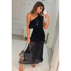 Sukienka ALBERA. Czarne sukienki damskie IVET, na co dzień, m, z aplikacjami, eleganckie, bez kołnierzyka, bez rękawów, długie, maxi. W wyprzedaży za 69,00 zł.