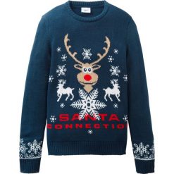 Sweter chłopięcy dzianinowy z bożonarodzeniowym motywem bonprix ciemnoniebieski. Niebieskie swetry chłopięce bonprix, z aplikacjami, z dzianiny, bez kołnierzyka. Za 74,99 zł.
