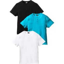 Shirt z dekoltem henley (3 szt.) bonprix biały + turkusowy + czarny. Białe koszulki męskie bonprix, s, bez wzorów, bez kołnierzyka, bez rękawów. Za 98,97 zł.