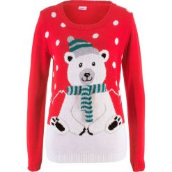 Sweter z okrągłym dekoltem bonprix czerwony wzorzysty. Czerwone swetry damskie bonprix, bez wzorów, bez rękawów, bez kaptura. Za 99,99 zł.