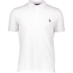 Koszulka polo w kolorze białym. Białe koszulki polo męskie marki U.S. Polo Assn., m, z haftami, z bawełny. W wyprzedaży za 121,95 zł.
