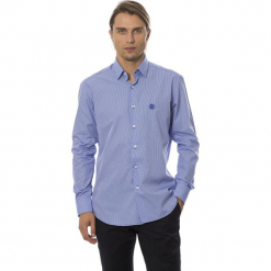 Koszula w kolorze ciemnoniebieskim. Białe koszule męskie na spinki Roberto Cavalli, Trussardi, m, w kratkę, z klasycznym kołnierzykiem. W wyprzedaży za 339,95 zł.