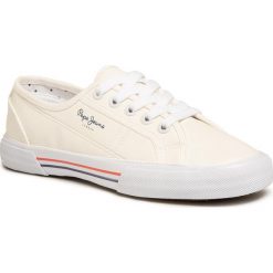 Tenisówki PEPE JEANS - Aberlady Vega PLS30953 White 800. Białe półbuty damskie Pepe Jeans, na co dzień, bez wzorów, z jeansu, bez obcasa, na płaskiej podeszwie, bez zapięcia. W wyprzedaży za 169,00 zł.