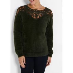 Sweter w kolorze zielonym. Zielone swetry damskie Jacqueline Riu, w koronkowe wzory, z koronki, klasyczne, bez rękawów, bez kaptura. W wyprzedaży za 79,95 zł.