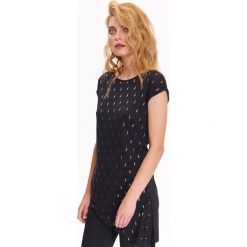 T-shirty damskie: T-SHIRT DAMSKI CZARNY ZE SREBRNYM, ASYMETRYCZNA DŁUGOŚĆNADRUKIEM