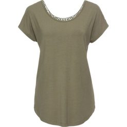 Shirt z dżerseju bonprix oliwkowy. Zielone koszulki damskie bonprix, w koronkowe wzory, z koronki, bez kołnierzyka. Za 79,99 zł.