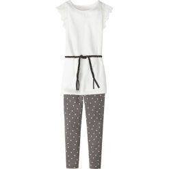 Długi shirt + pasek + legginsy (3 części) bonprix biel wełny - antracytowy melanż. Białe legginsy dziewczęce marki bonprix, w paski, z wełny, długie. Za 74,99 zł.