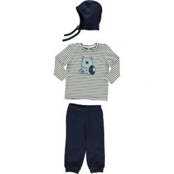 3-częściowy zestaw "Morten" w kolorze niebiesko-białym. Białe t-shirty chłopięce Name it, w paski, z bawełny, długie. W wyprzedaży za 49,95 zł.