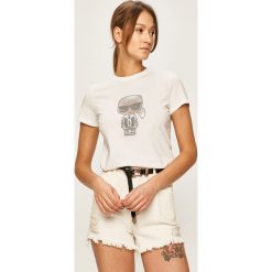Karl Lagerfeld - T-shirt. Białe bluzki damskie KARL LAGERFELD, s, z aplikacjami, z bawełny, z okrągłym kołnierzem. W wyprzedaży za 339,90 zł.
