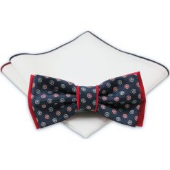 Granatowo-Czerwona Mucha w Kwiatki + Poszetka - Chattier, Męska MUCH0253. Niebieskie muszki męskie Chattier, w paski, eleganckie. Za 44,00 zł.