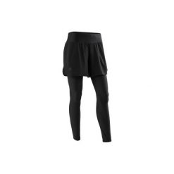 Legginsy/szorty 2 w 1 do biegania RUN DRY+ damskie. Czarne legginsy sportowe damskie marki KALENJI, l, z elastanu, do biegania. Za 79,99 zł.